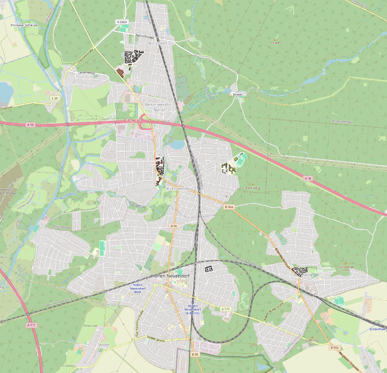 Übersichtskarte der Quartiere in Hohen Neuendorf und Birkenwerder. Die nummerierten Markierungen führen zu den Beschreibungen.