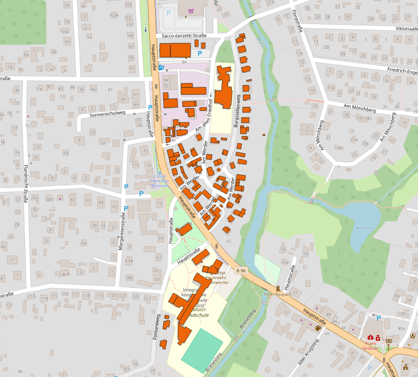 Kartenausschnitt des Zentrums von Birkenwerder entlang der Hauptstraße mit orange hervorgehobenen Gebäuden.