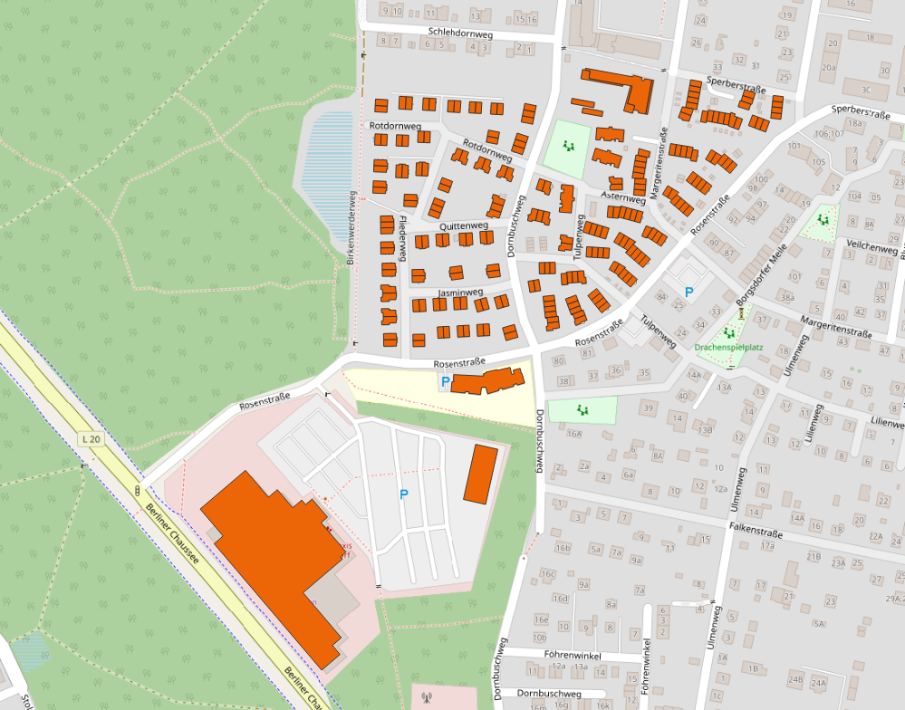 Kartenausschnitt des Quartiers Fliederweg und des benachbarten Gewerbestandorts Pflanzen Kölle mit orange hervorgehobenen Gebäuden.